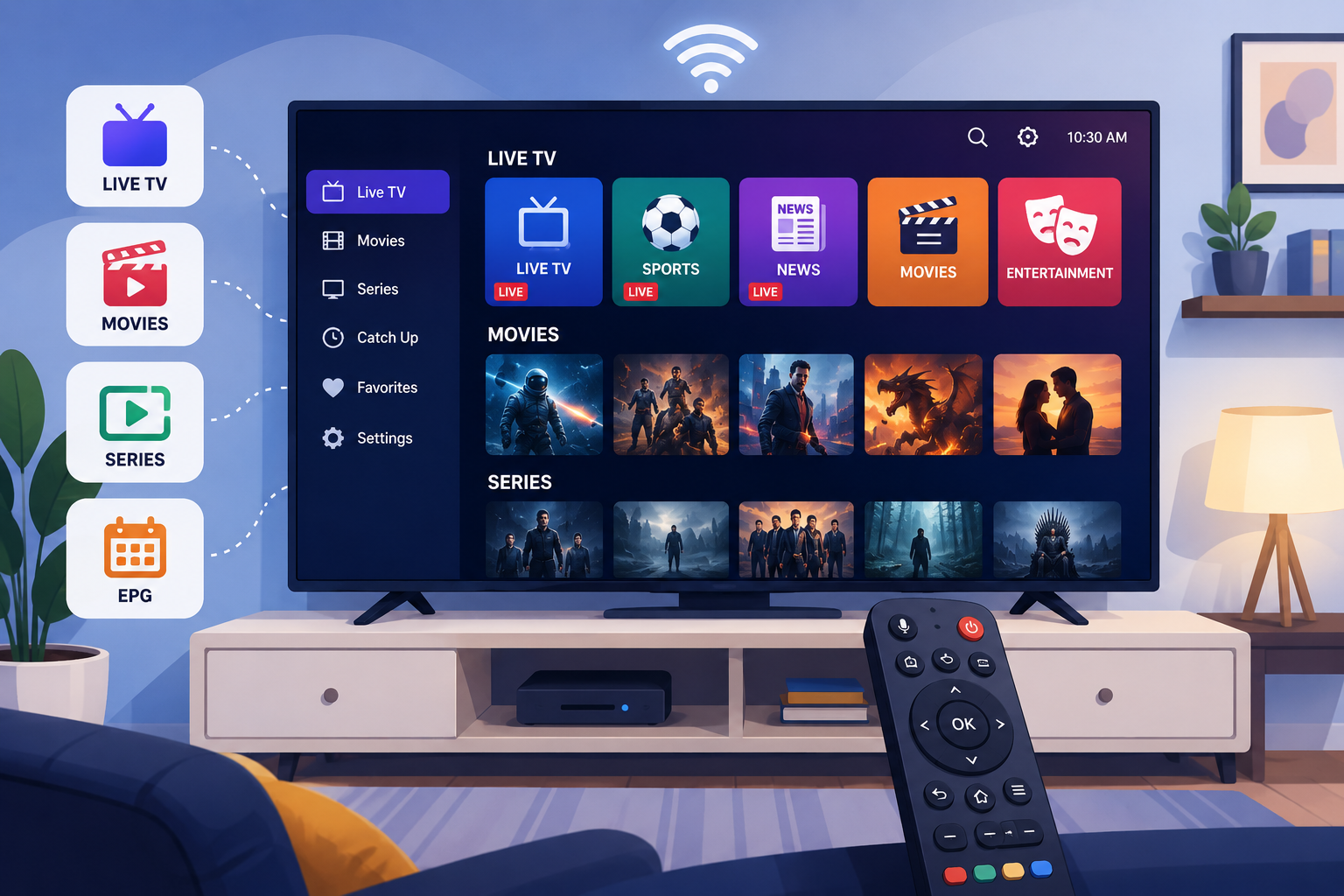 IPTV apps for live TV, movies, series and EPG with a remote control in a modern living room.
